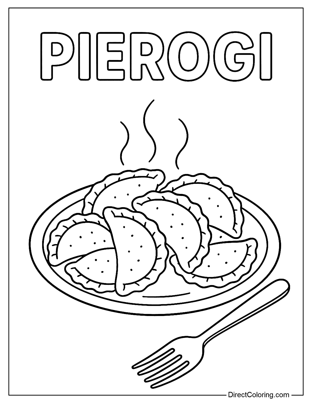Coloring page of a semicircular pierogi plate with steam rising and a plate next to it.